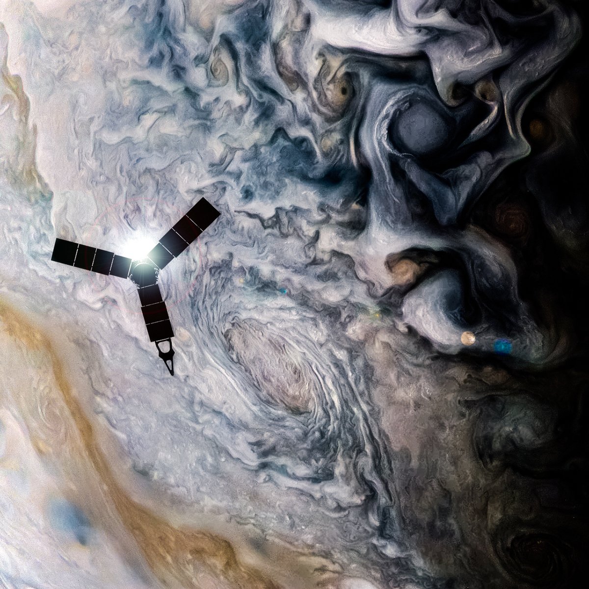 Próba wizualizacji sondy na tle Jowisza - NASA/JPL-Caltech/SwRI/MSSS/Kevin Gill