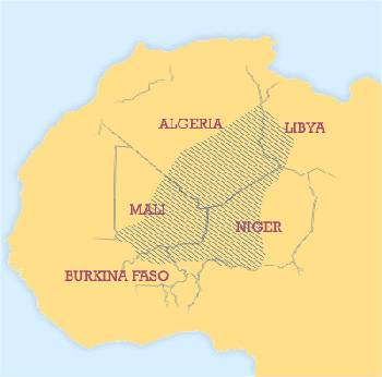 Mapa przedstawia orientacyjne położenie terenu gdzie mieszkają Tuaregowie