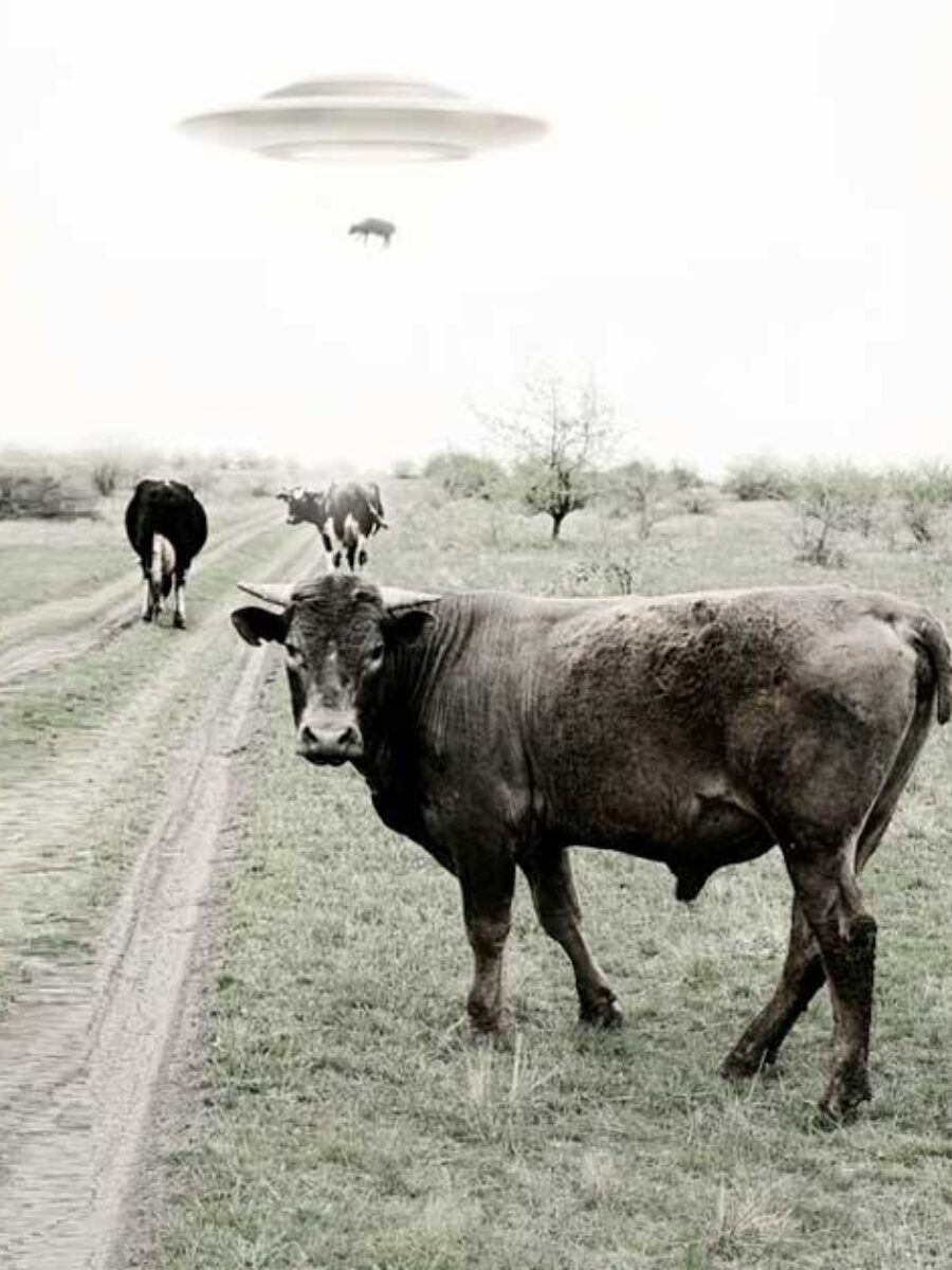 Fotografia przedstawia uprowadzenie krowy przez UFO