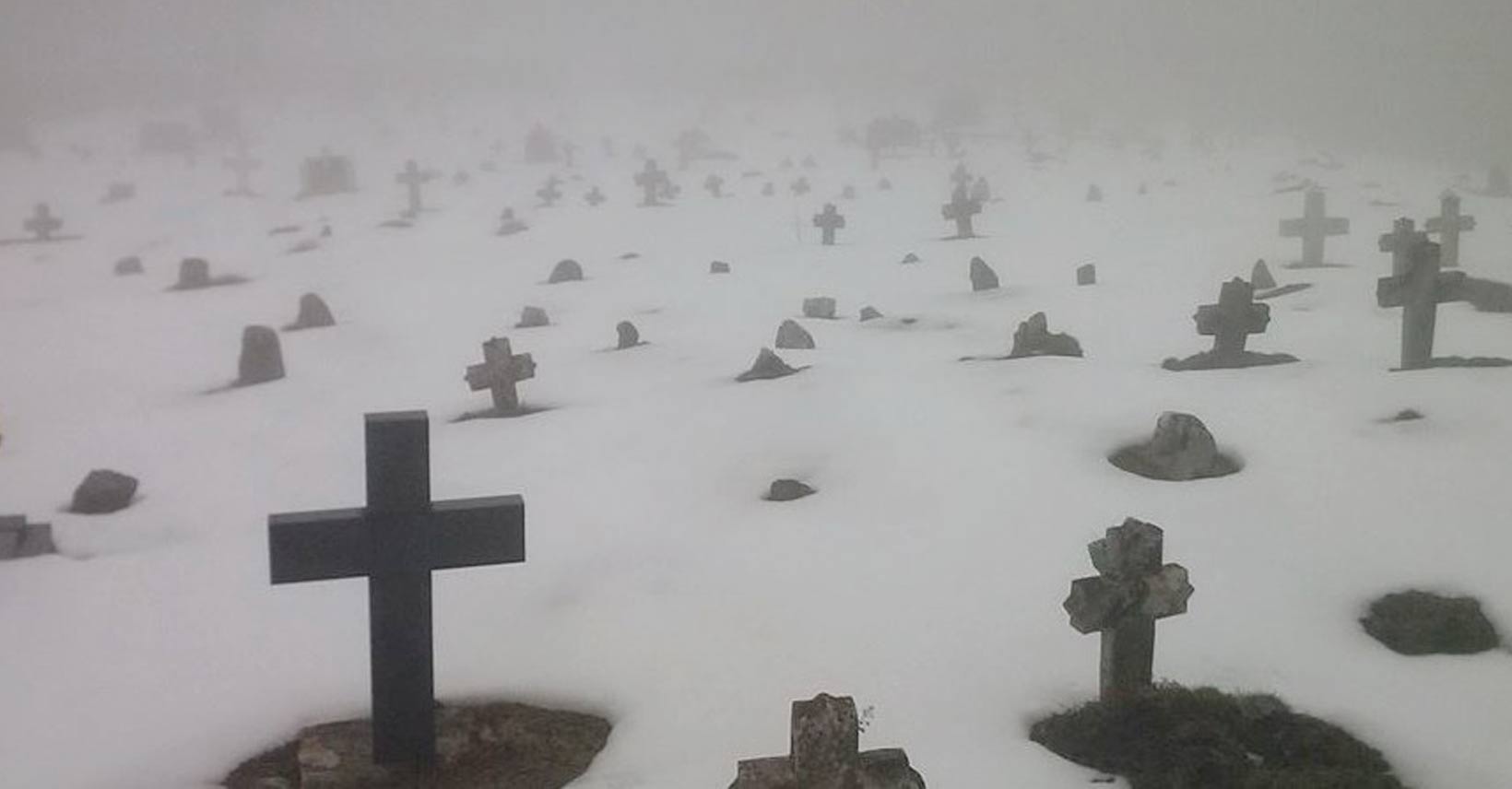 Zaśnieżony cmentarz we mgle