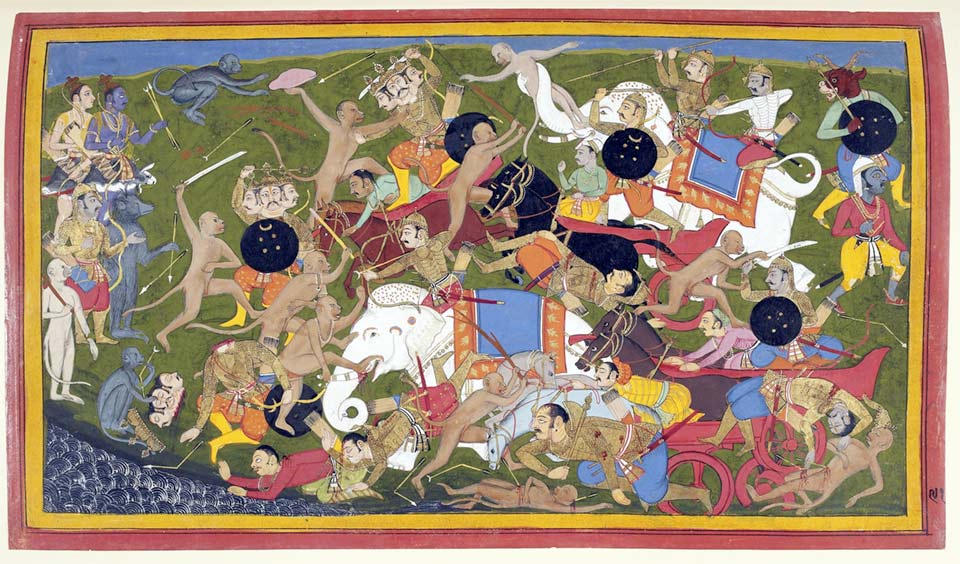 The Battle at Lanka, Ramayana by Sahibdin. It depicts the vānara army of Rāma (top left) fighting Rāvaṇa the demon-king of Lankā to save Rāma's kidnapped wife, Sītā. The painting depicts multiple events in the battle against the three-headed demon general Triṣira, in the bottom left. Triṣira is beheaded by Hanumān, the vānara companion of Rāma.