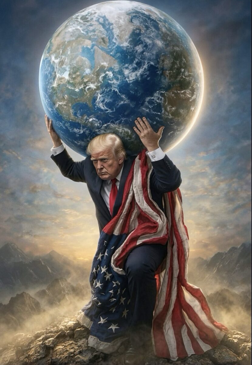 Donald Trump as Atlas, holding Earth, draped in American flag.