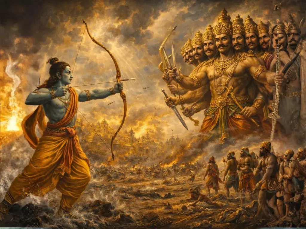 Rama battles ten-headed Ravana in ancient mythological war.