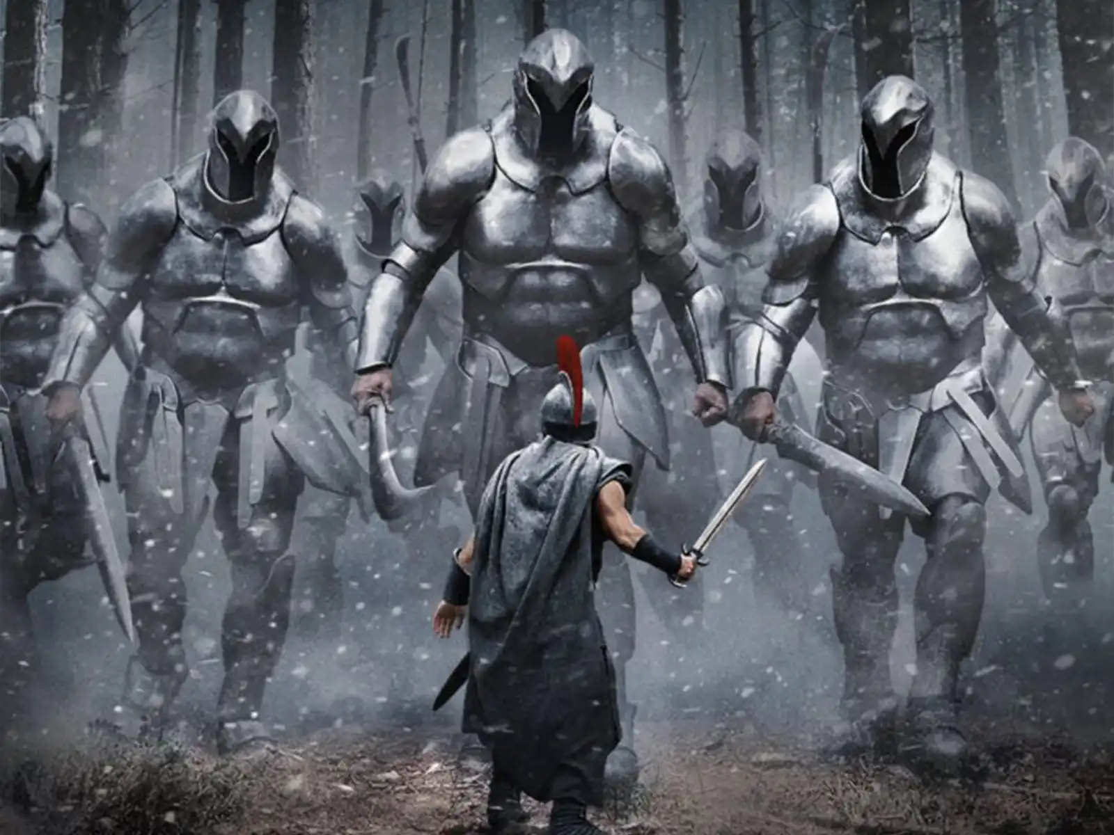 Lone warrior confronts armored giants in a snowy, mystical forest.