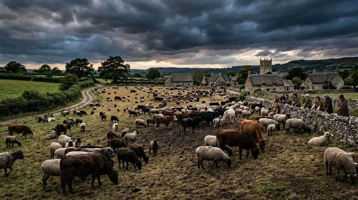 Sheep and cattle grazing near a village under stormy skies.