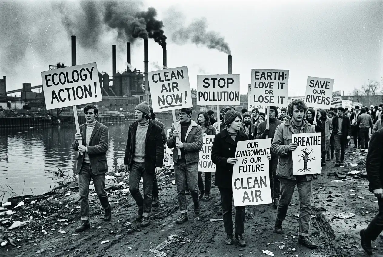 Environmental protestors with signs demand clean air near polluting factory.