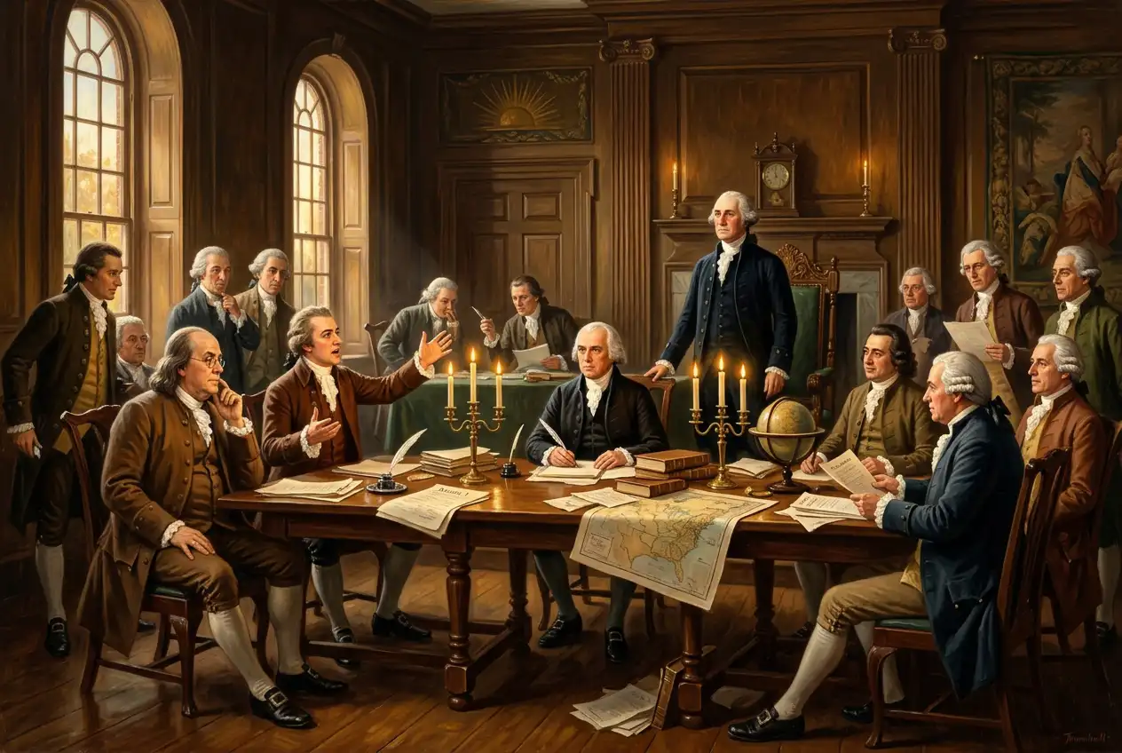 Founding Fathers debating in a richly detailed historical meeting painting.