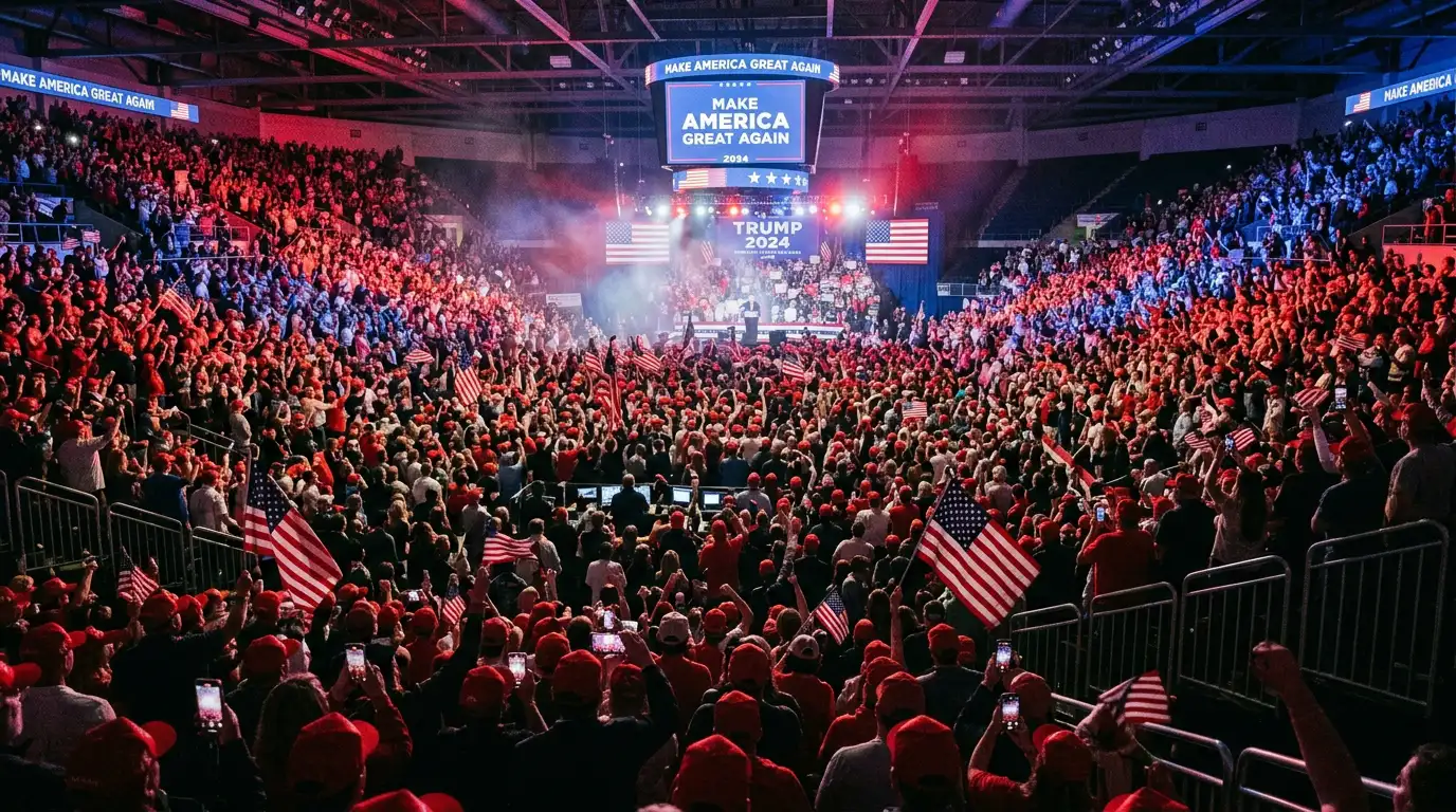 Trump 2024 rally crowd, red hats, American flags, arena.