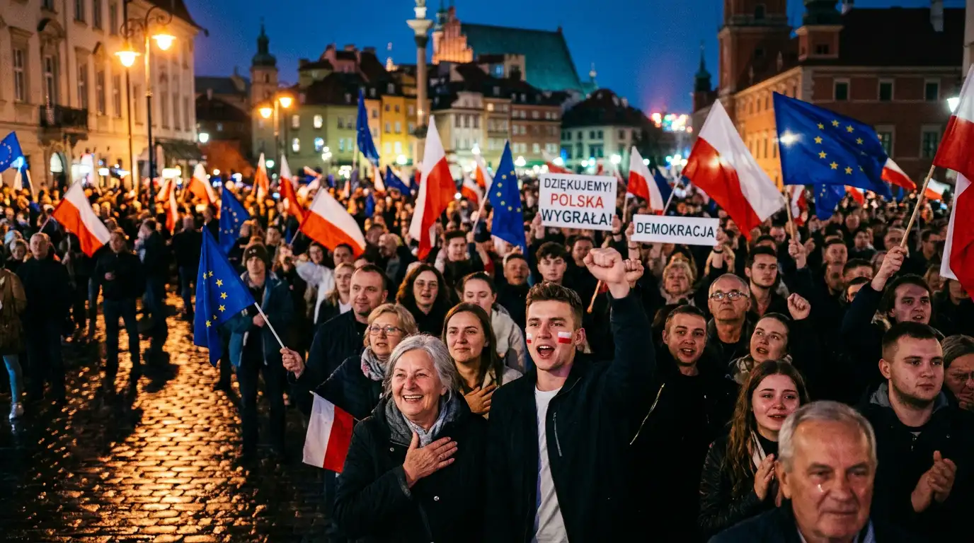 Crowd waves Polish and EU flags celebrating democracy at night.