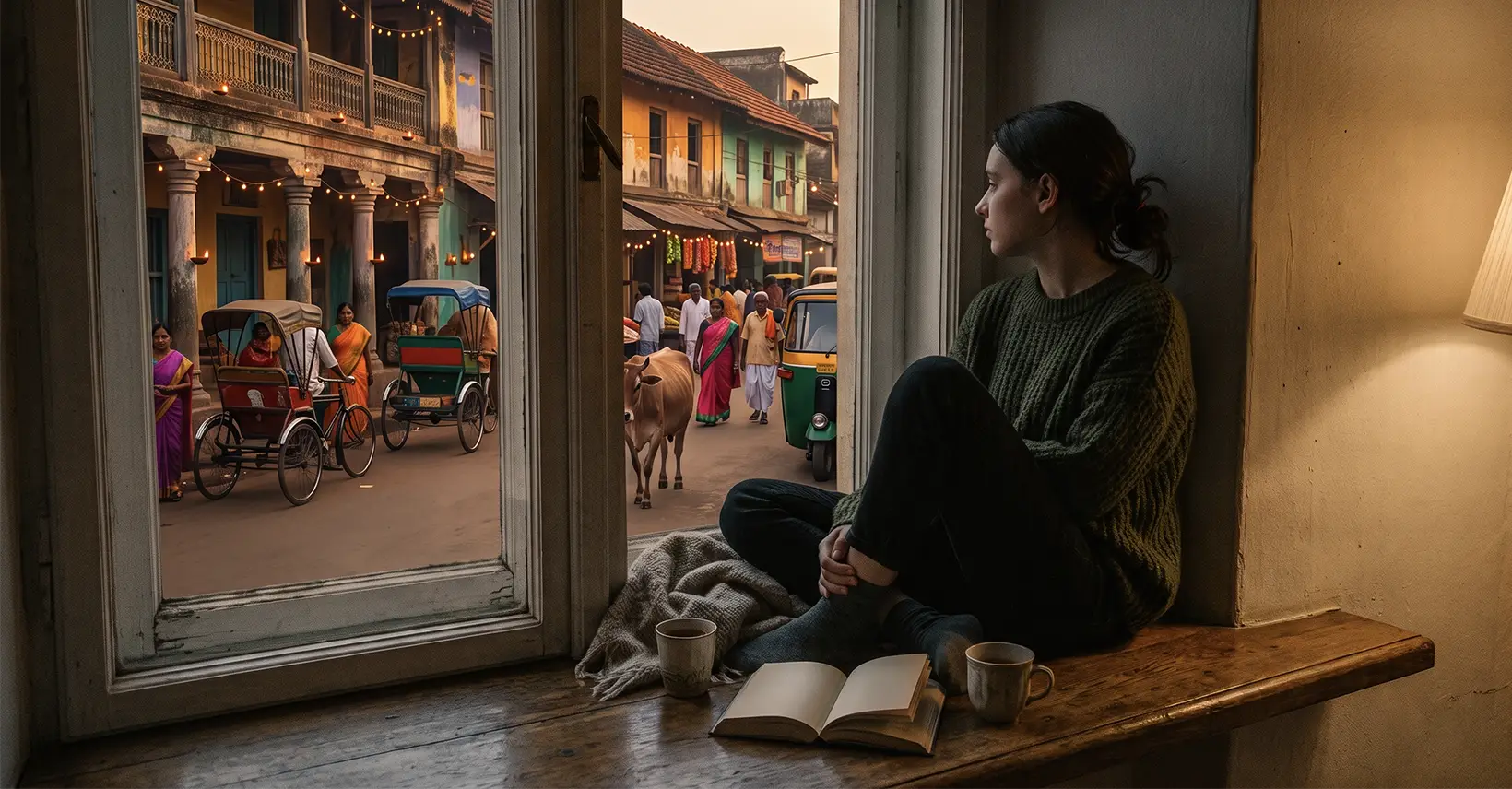 Pensive woman on window sill gazes at vibrant Indian market.