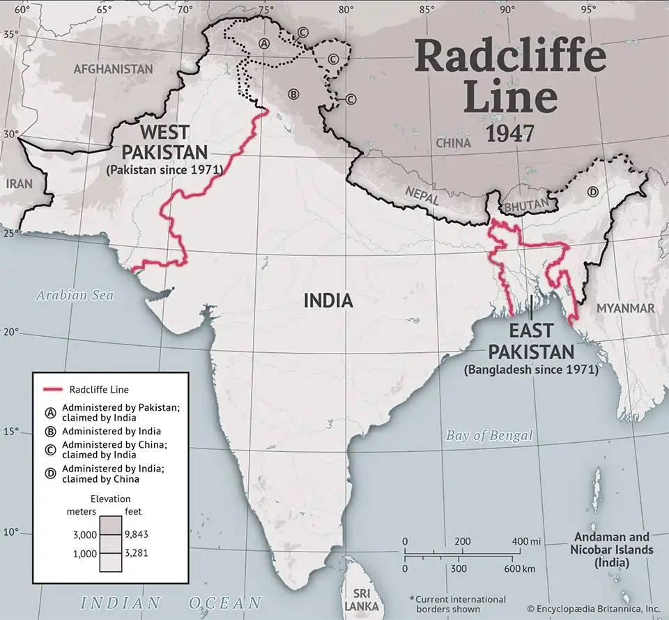 Map of Radcliffe Line 1947 dividing India, West & East Pakistan.