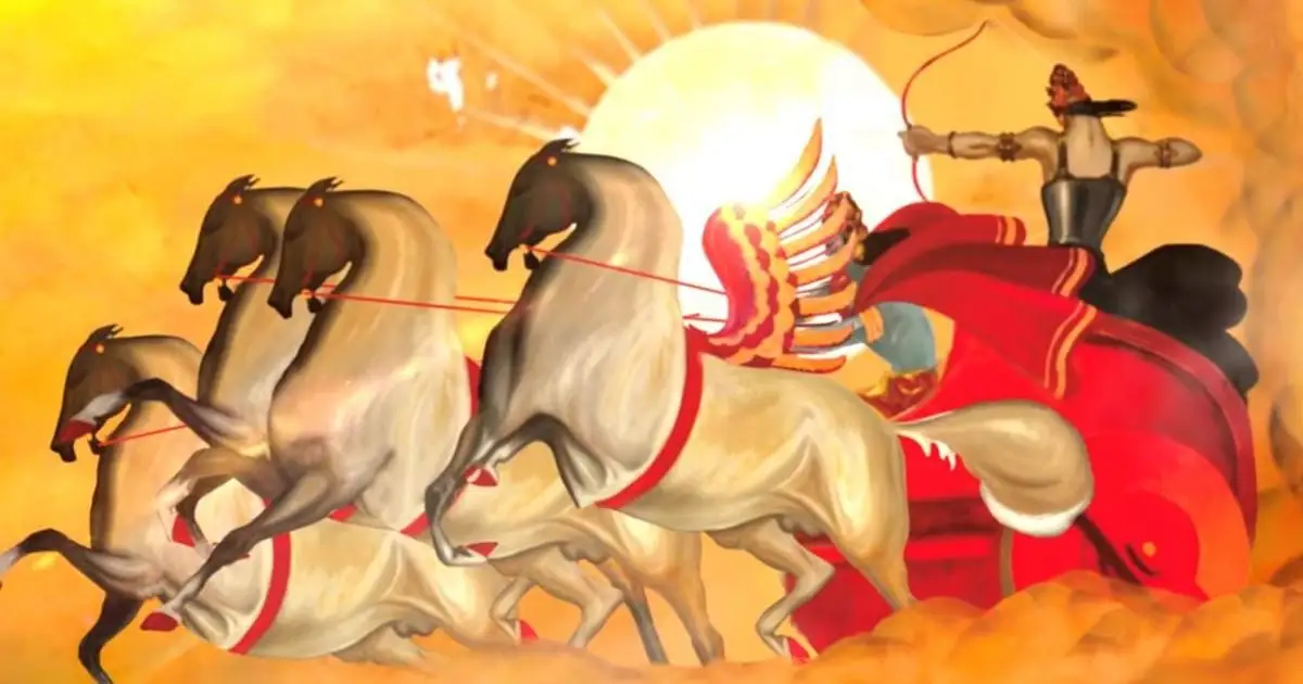 Mythical charioteer with winged horses and bow, bathed in golden sunlight.