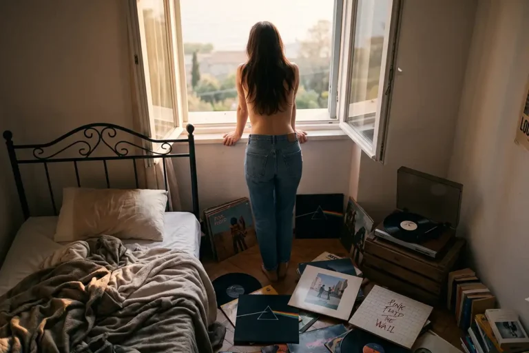 Woman in jeans looks out window in room with vinyl records.