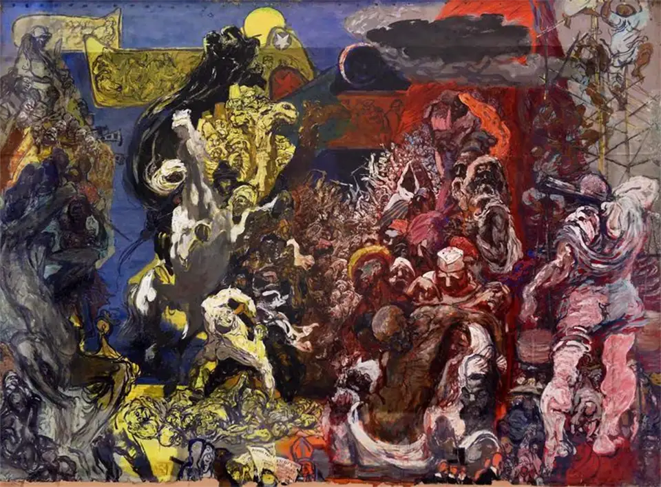 Expressionistic painting of chaotic figures in conflict.