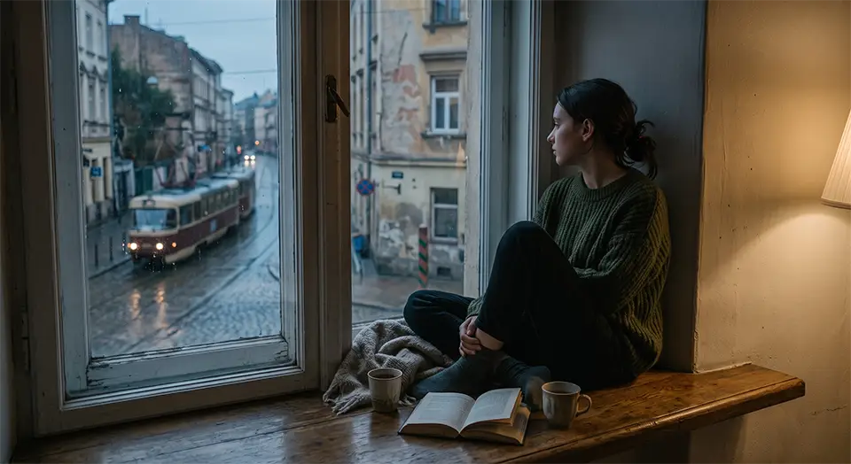Woman on windowsill gazing at a rainy street with a passing tram.