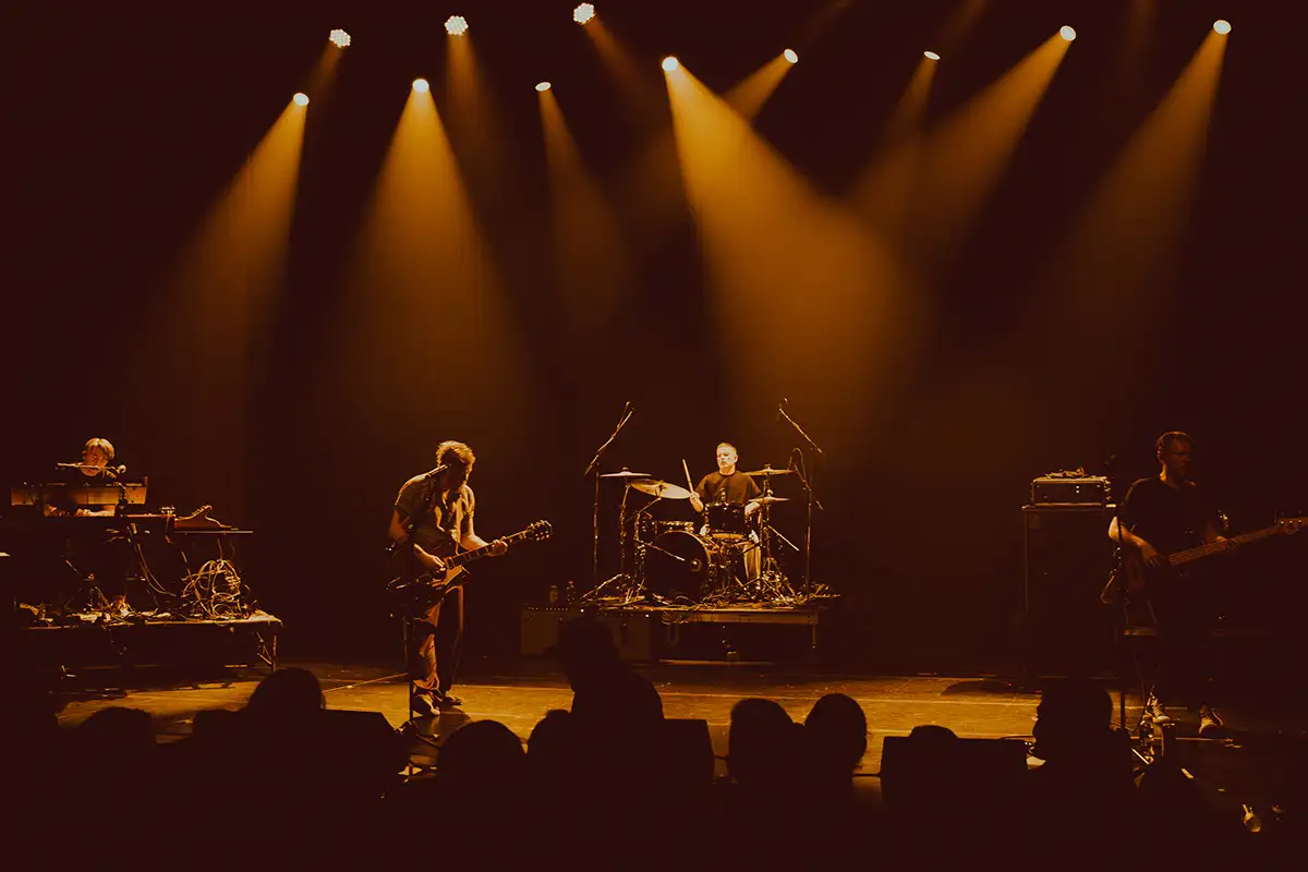 Organek Band performing on stage under warm spotlights with audience silhouettes.