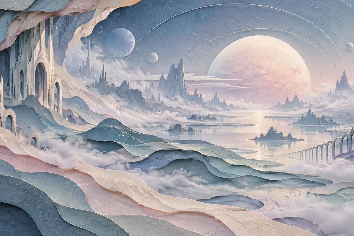 Fantasy landscape: pastel mountains, sky planets, gothic castle, misty lake.