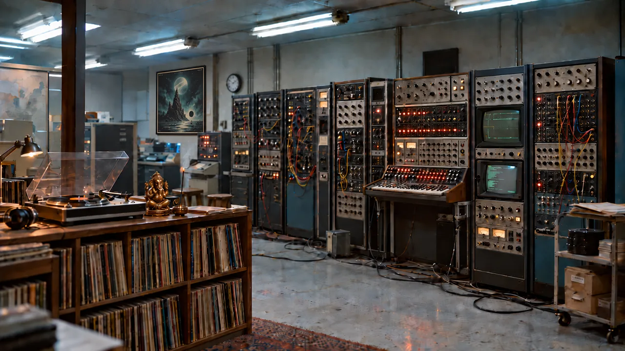 Vintage electronics lab with turntable, records, and complex machinery.