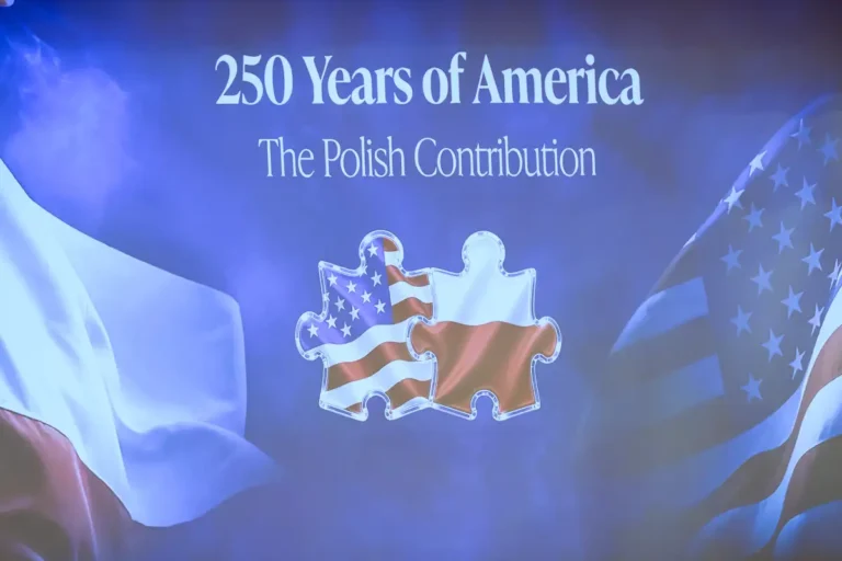 American and Polish flags in puzzle pieces, celebrating 250 years.