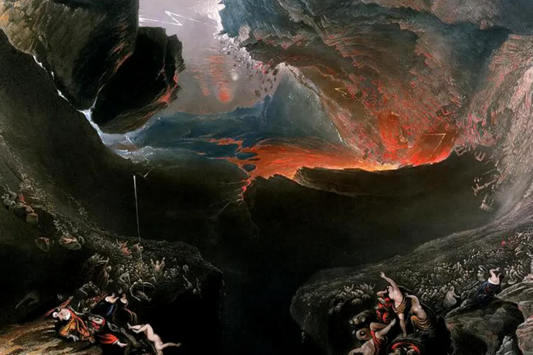 Apocalyptic scene with falling rocks, lava, lightning, and struggling figures.