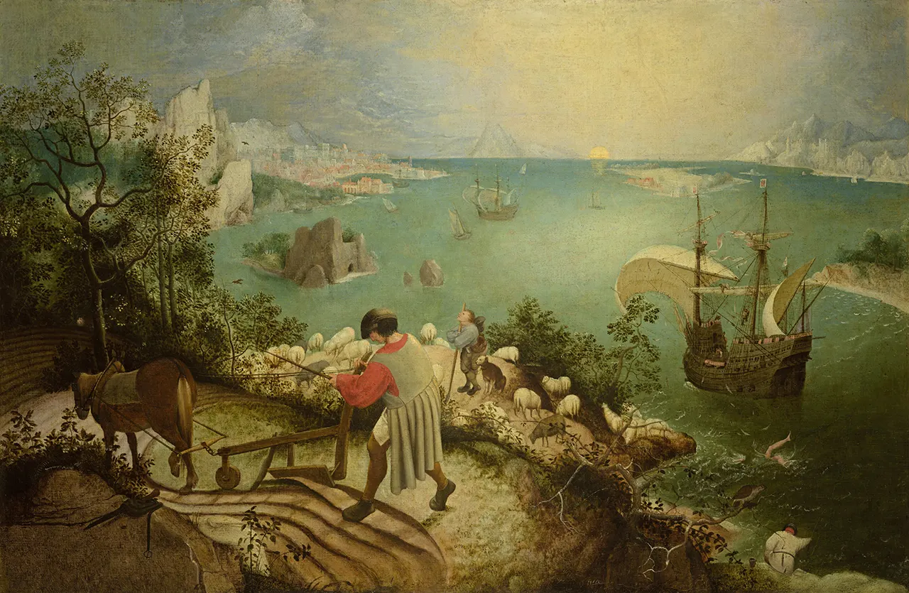 Renaissance painting of plowing farmer, shepherd, ships, and falling Icarus.