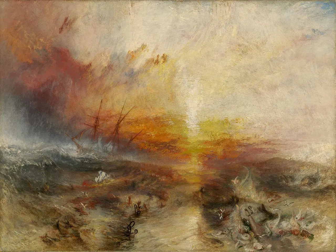 Painting of a storm, sinking ship, and figures in rough seas.