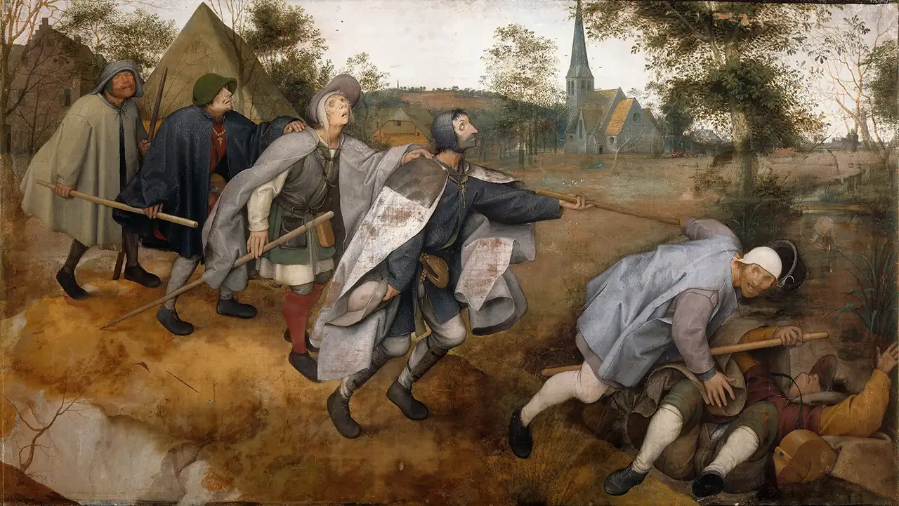 Bruegel's The Parable of the Blind, men falling into ditch.